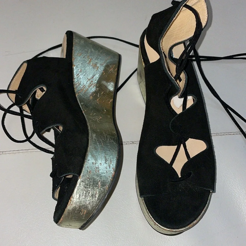 Elysess black leather gold platform wedge lace up heels 38